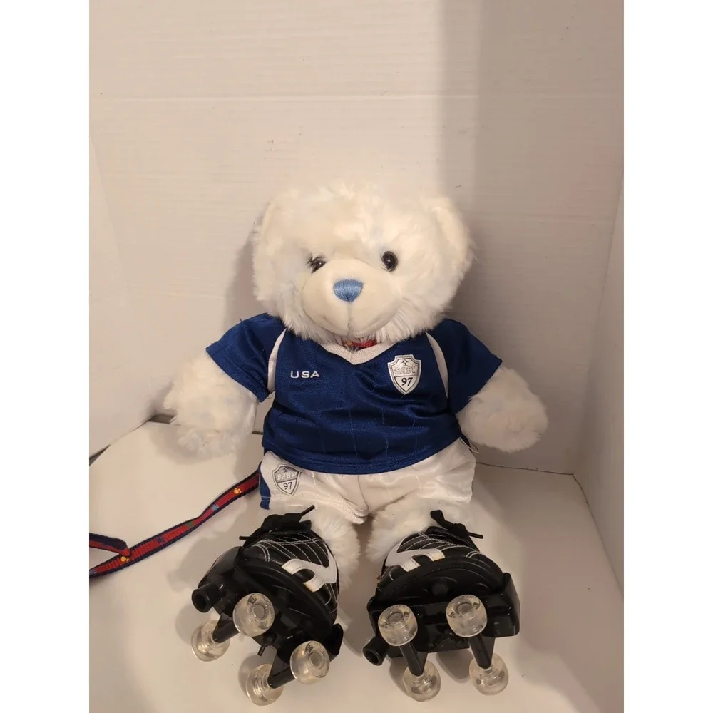 Vintage 1997 Build-a-Bear Plush‎ w/Blue & White Fifa Soccer Outfit, Skates RARE